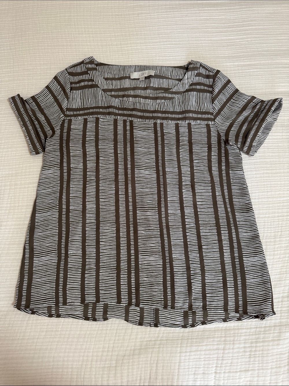 LOFT Brown and White Vertical Stripe Short Sleeve Top